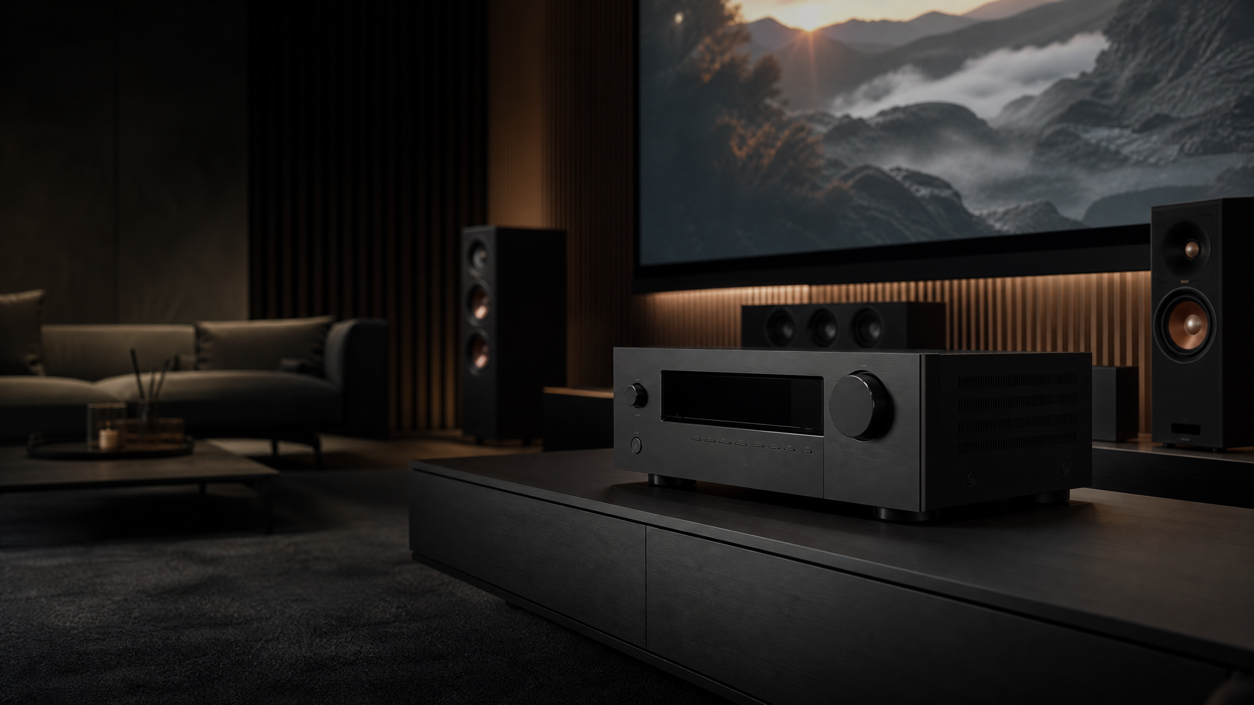 Modernes Heimkino mit AV-Receiver, Lautsprechern und großformatiger Projektion in dunkler, filmischer Atmosphäre.